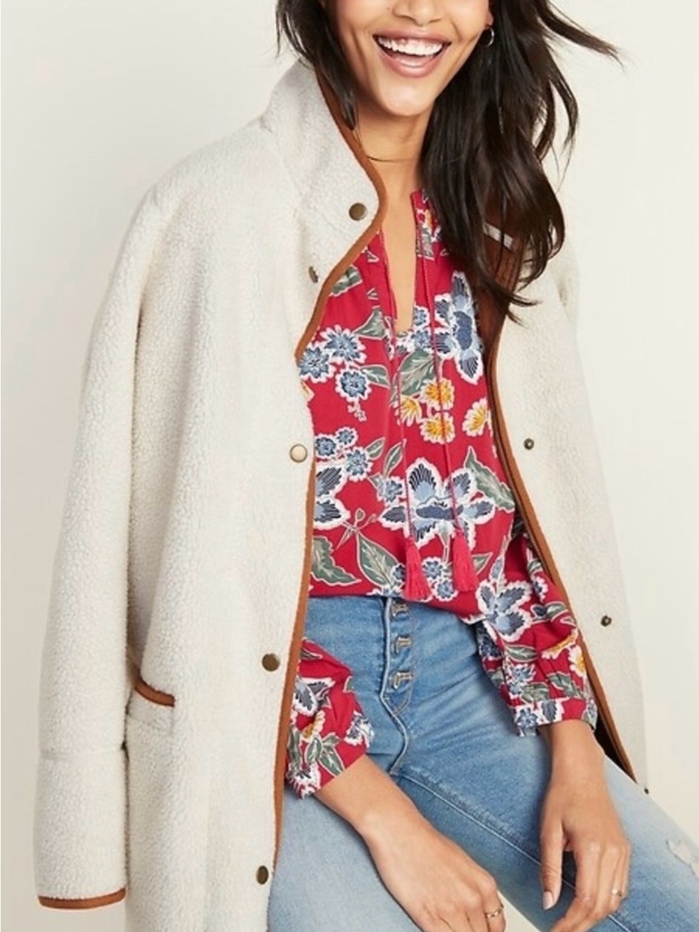 Old Navy Cream Sherpa Teddy Jacket with Brown Trim